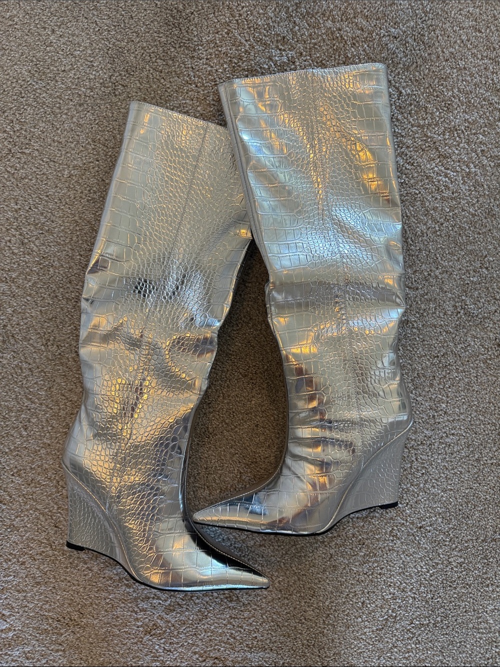 Metallic Silver Croc-Embossed Wedge Knee Boots
